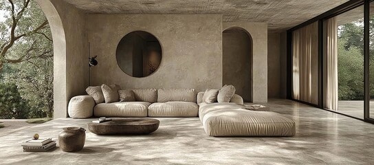Modern beige sectional sofa in a minimalist living room with large windows and arched doorways.