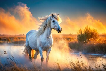 Fototapeta premium Ethereal white Camargue horses roam the Rhône Delta, a surreal dream in photography.
