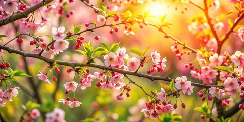 Fototapeta premium Delightful Pink Blossoms in Golden Sunlight A Springtime Panorama of Nature's Beauty