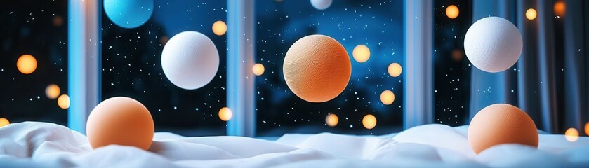 Fototapeta premium Floating orbs in a softly lit environment create a dreamy, surreal atmosphere, featuring vibrant colors against a blue backdrop.