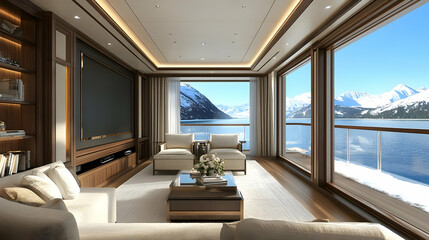 Luxury Mountain Lake View Living Room 3D Render