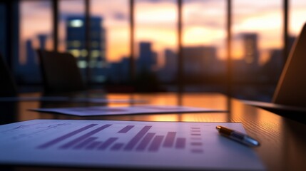 Sunset cityscape view from office, documents, pen on desk.