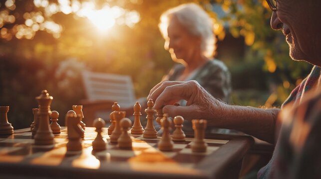 Senior couple playing chess outdoors at sunset.