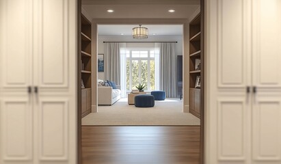 Obraz premium Interior view of a bright, airy living room with hardwood floors, white cabinets, bookshelves, a comfortable sofa, and large windows offering natural light.