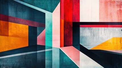 Abstract geometric artwork with vibrant colors and textured surfaces.