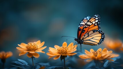 Monarch butterfly on yellow flowers in a garden.