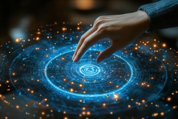 Futuristic Hand Reaching Towards Neon Circular Digital Interface