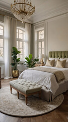 Fototapeta premium Chic luxury earth toned bedroom with large window, beige decor, soft bedding, and premium rug Contemporary Interior Design Bedroom Inspiration