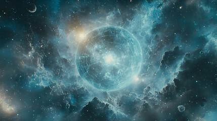 Obraz premium Mystical cosmic sphere, swirling nebula, distant planets; ethereal, otherworldly, space exploration, sci-fi fantasy background.