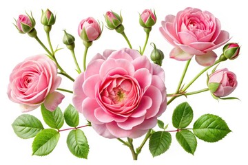 High-resolution image of blooming pink roses, isolated on white.  A spring bouquet of floral perfection.