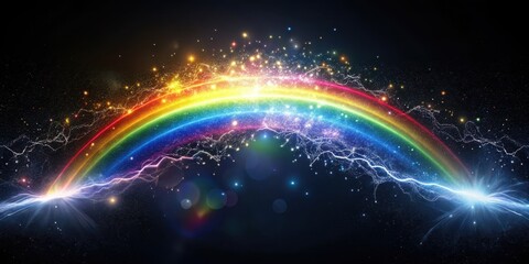 A vibrant, cosmic rainbow arc with dazzling energy bursts and sparkling stardust