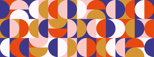 Retro semi circle seamless pattern. Abstract geometric mid century background. Colorful Swiss modernist or postmodernist style wallpaper. Vector modular repeating overlay. Red pink gold mural backdrop