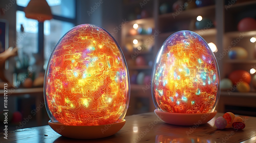 Poster holographic easter eggs with mesmerizing digital displays showcasing dynamic colorful patterns and f