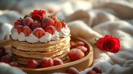 A heart-shaped stack of pancakes topped with strawberries and whipped cream, served on a wooden tray with a rose, placed on a cozy, fluffy white bed with soft morning light streaming