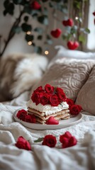A plate of red velvet waffles topped with cream cheese frosting and edible flowers, placed on a beautifully arranged bed with silk cushions and cozy throws, valentine themed background, love