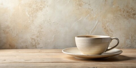 A Serene Moment  Warm Beige Teacup on Rustic Wooden Table Against a Textured Background