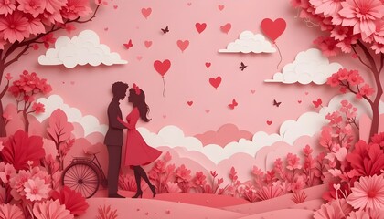 Romantic Couple in Flower Garden.Lovers in a Dreamy Garden.Paper Art Couple in Pink Garden.Silhouette Couple with Heart Balloons.Papercut Flowers and Loving Couple.