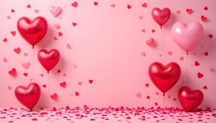 Valentine's Day Balloons on a pink background.Heart Balloons Floating on Pink Background.