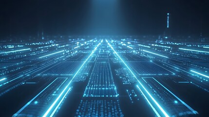 Futuristic digital grid with glowing blue and white neon lines in a high tech architectural layout representing technology innovation and the interconnected nature of modern digital systems