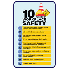 10 rules for workplace safety, poster and sign vector