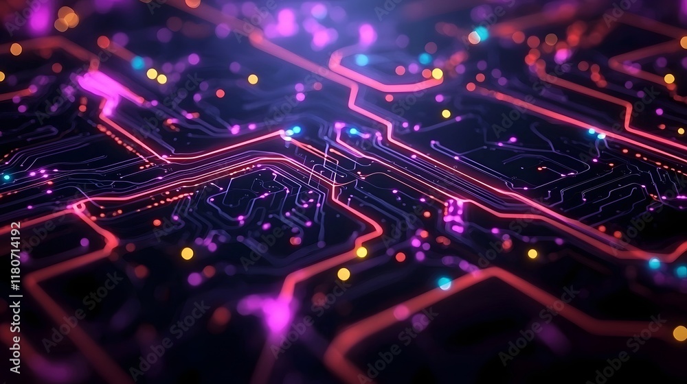 Poster intricate neon circuit design on a dark background with glowing luminous lines and patterns this dig
