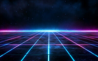 Retro neon glowing grid perspective with electric blue and pink light beams on dark background creating vibrant futuristic landscape