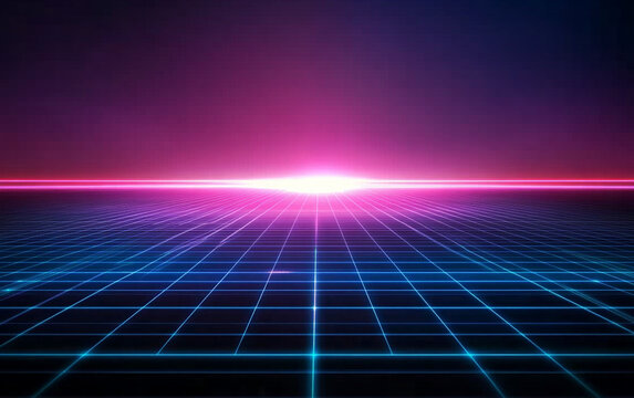 Retro grid landscape with glowing horizon line and neon wireframe perspective over dark background creating futuristic synth wave aesthetic - Powered by Adobe