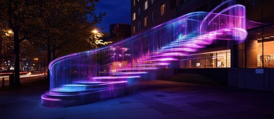 Fototapeta premium Illuminated spiral staircase at night, glowing purple and blue.