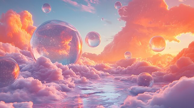 Surreal and dreamlike landscape with floating clouds abstract shapes and ethereal glowing elements in a vibrant colorful sky  The image captures a sense of wonder imagination and peaceful serenity