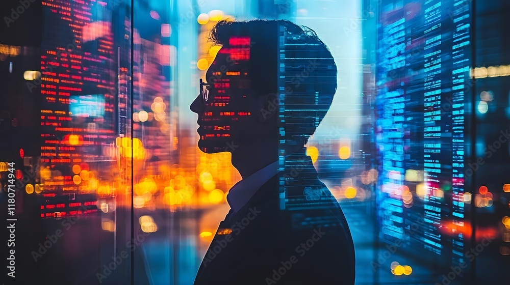 Poster silhouetted figure of a trader set against a dynamic backdrop of glowing electronic trading screens 