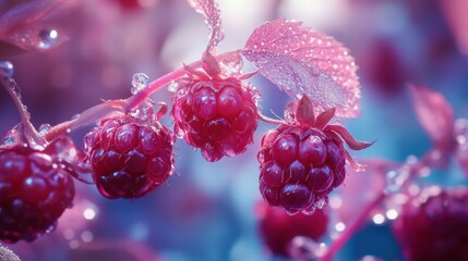 Close-Up of Fresh Raspberries on Vine with Dew Drops Glimmering