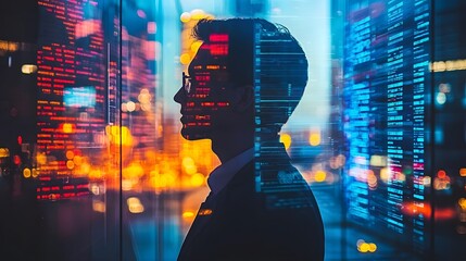 Silhouetted figure of a trader set against a dynamic backdrop of glowing electronic trading screens data visualizations and the illuminated skyscrapers of a bustling urban environment