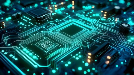 Glowing geometric circuits in shades of blue and green representing the complex and interconnected nature of advanced technology and digital systems