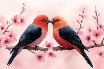 Lovebirds Perched Together with Cherry Blossoms in Watercolor Style