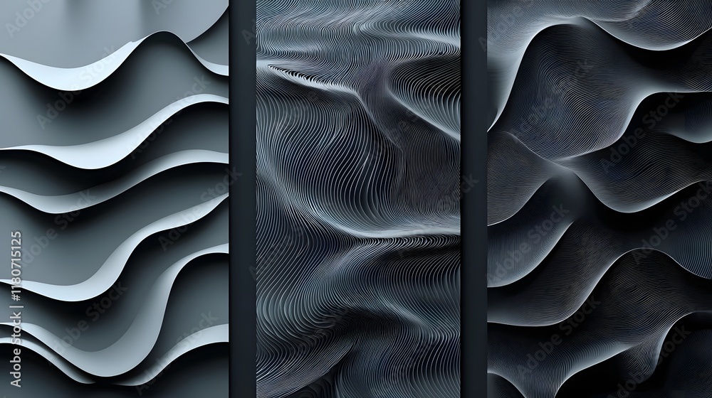 Poster mesmerizing monochrome patterns with intricate line art and shadows smooth fluid waves of varying sh