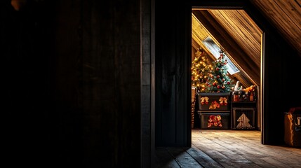 Attic Christmas tree and gifts.