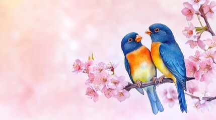 Fototapeta premium Watercolor Lovebirds Perched Together on Blossom Branch