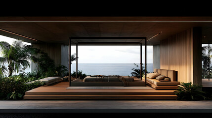 Fototapeta premium Ocean View Bedroom 3D Render