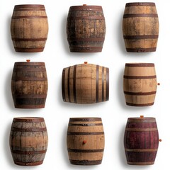 Fototapeta premium Nine Rustic Wooden Barrels Vintage Oak Casks Isolated on White