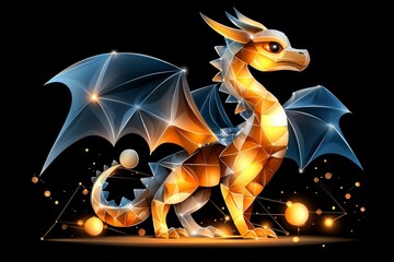 Naklejka premium Low Poly Gold Dragon with Blue Wings