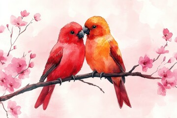 Watercolor Lovebirds Perched Together Amidst Blossoming Branches
