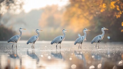 Obraz premium Five grey herons wading in shallow water at sunrise, reflected in calm water with blurred autumn foliage background.