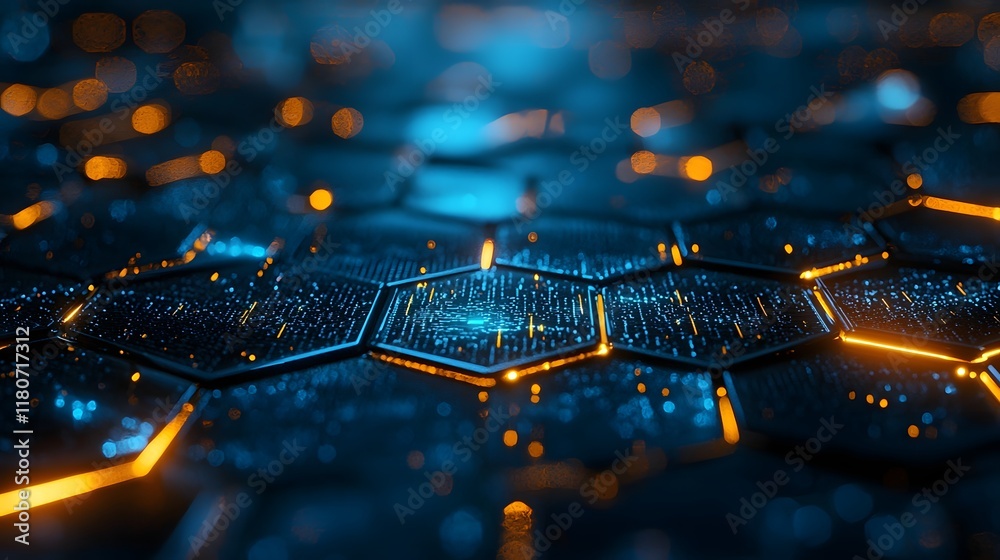 Poster glowing hexagonal grid futuristic digital landscape with luminous geometric patterns intricate 3d re