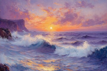 Fototapeta premium Sunset ocean waves crashing on rocky shore.