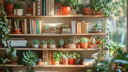 A cozy, zoomed-in view of numerous shelves filled with books and succulents, set in a warm, bright interior.