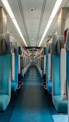 Interior moderno de un tren con asientos alineados y pasillo central