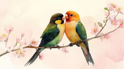 Fototapeta premium Watercolor Lovebirds Perched Together on a Branch with Flowers