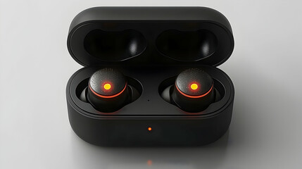 Fototapeta premium Wireless earbuds charging in case, studio shot, white background, technology product shot.