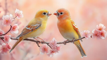 Watercolor Lovebirds Perched Together on a Branch with Blossoms
