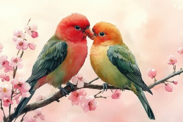 Fototapeta premium Two Colorful Lovebirds Perched Together on a Blossom Branch